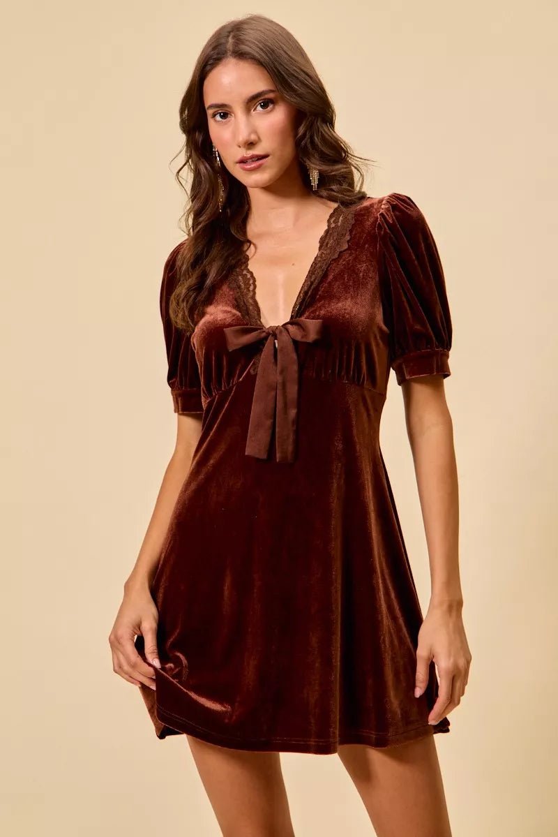 SO ME Velvet Short Sleeves Mini Dress - Brick + Boho