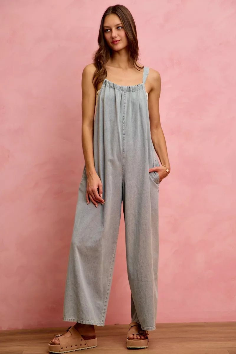SO ME Wide Leg Lightweight Denim Overalls - Brick + Boho