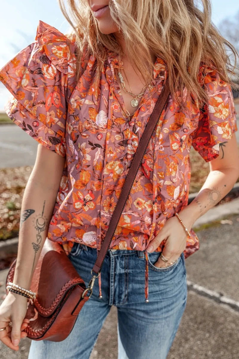 Sonora Floral Ruffled Layered Blouse - Brick + Boho