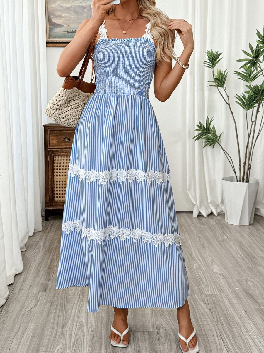 Striped Smocked Lace Trim Midi Dress - Brick + Boho