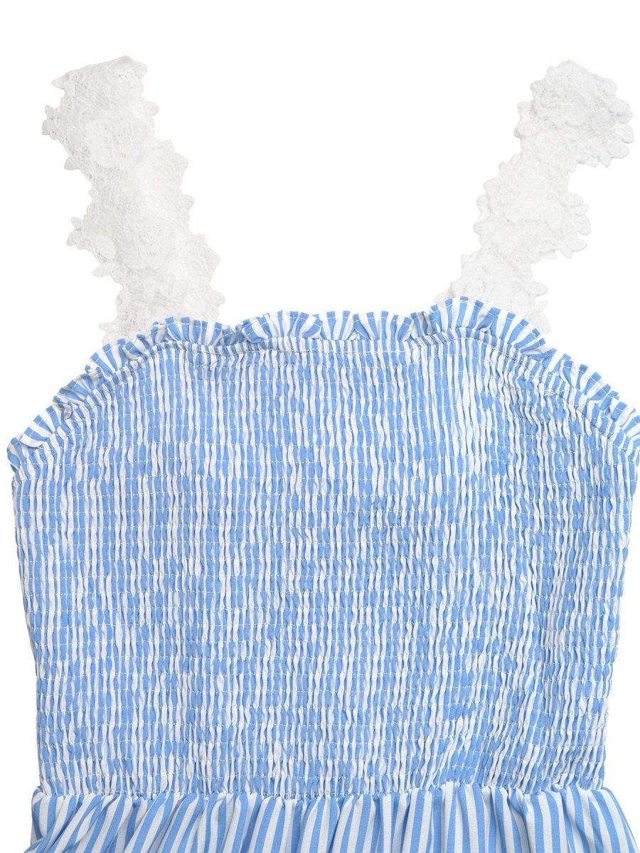 Striped Smocked Lace Trim Midi Dress - Brick + Boho
