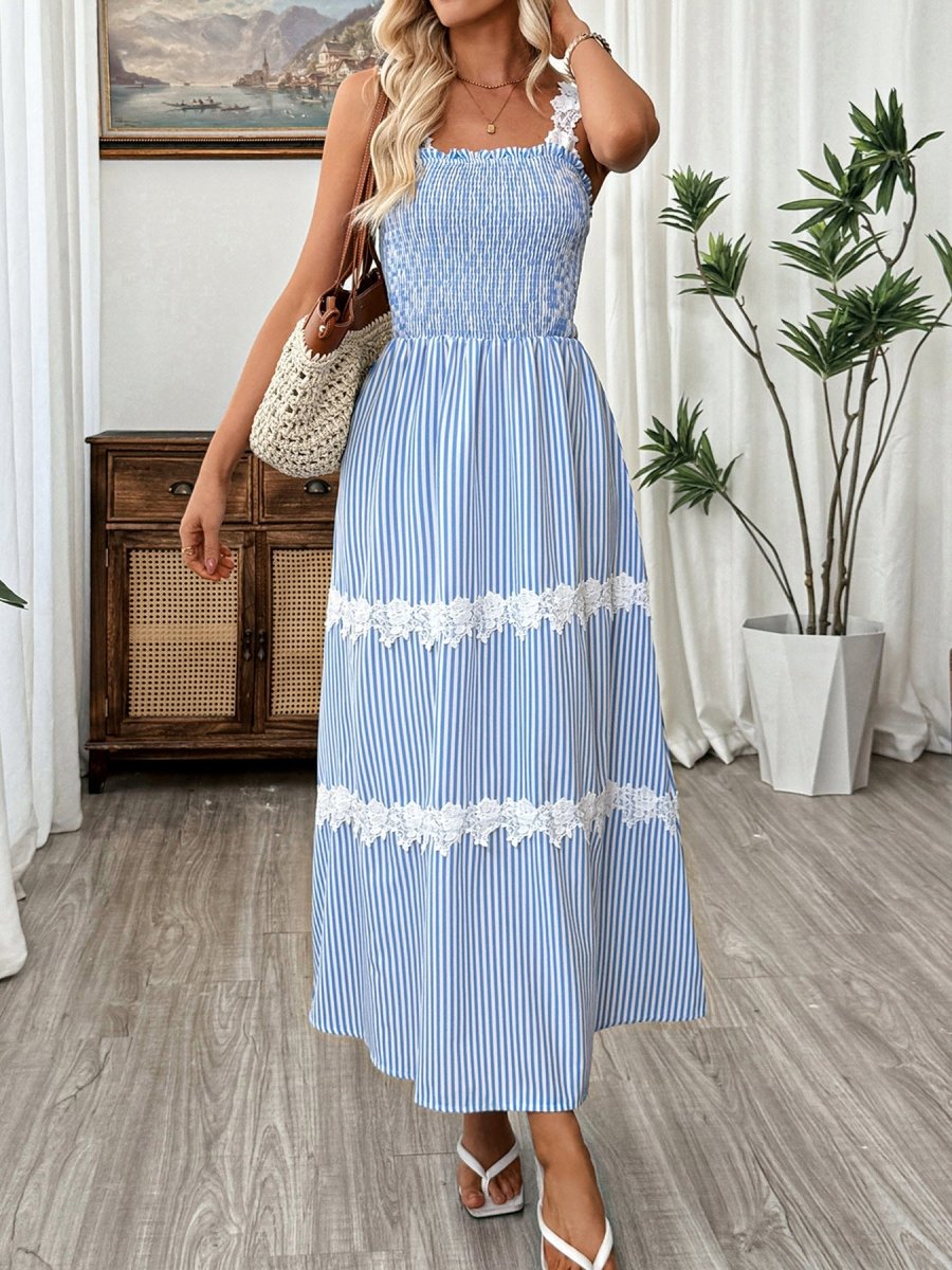 Striped Smocked Lace Trim Midi Dress - Brick + Boho
