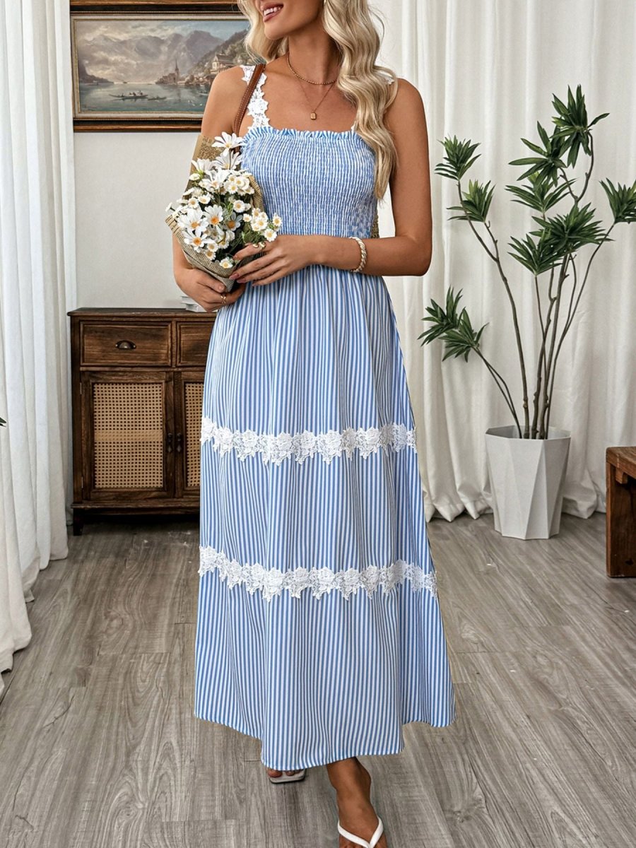 Striped Smocked Lace Trim Midi Dress - Brick + Boho
