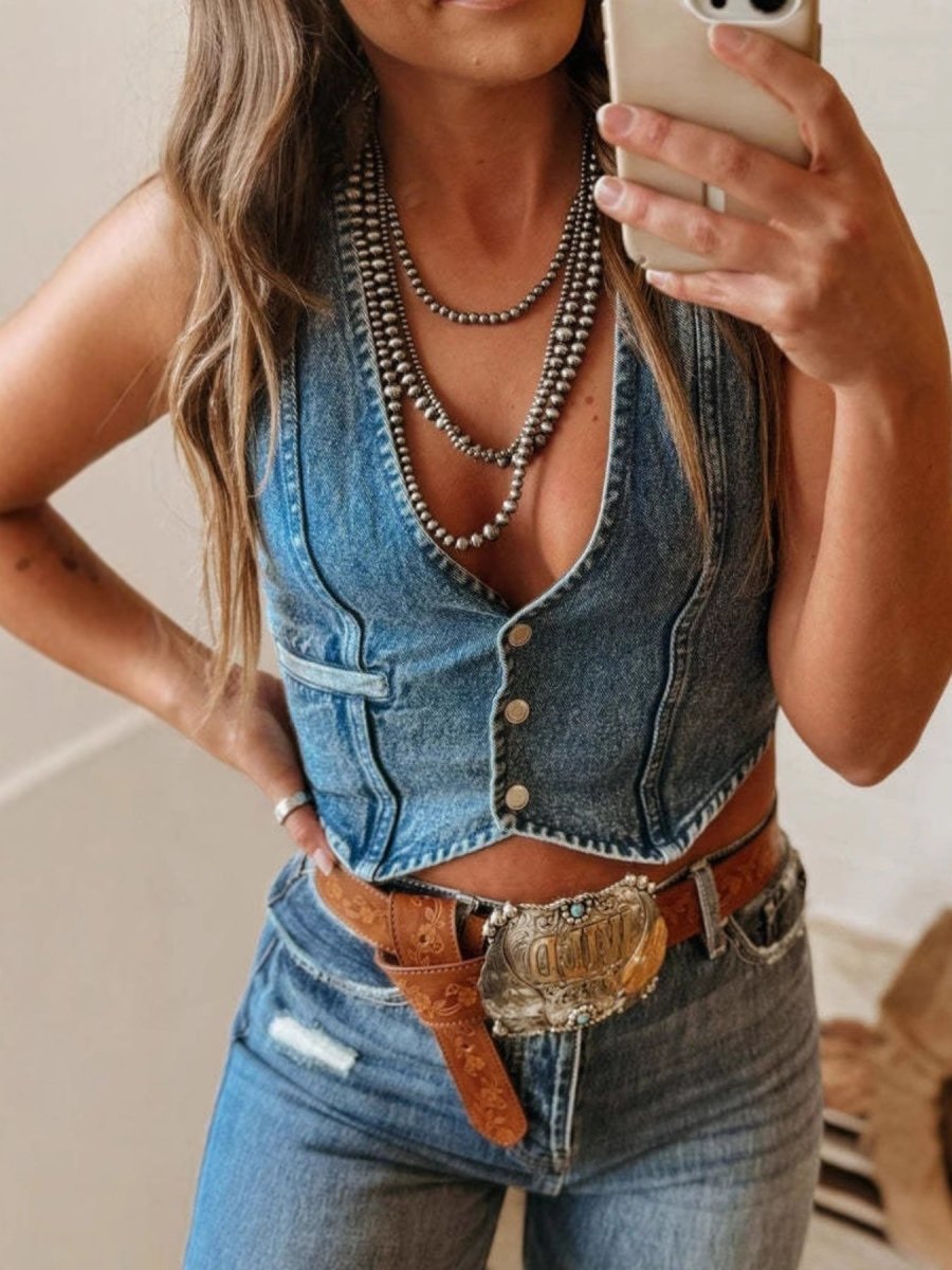 Tulum Denim V - Neck Vest - Brick + Boho