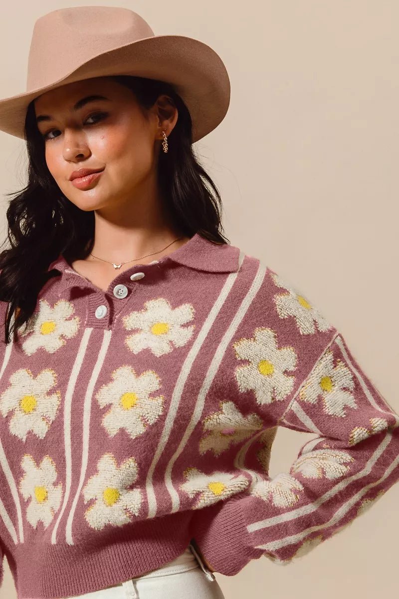 Woodstock Floral Polo Sweater - Brick + Boho