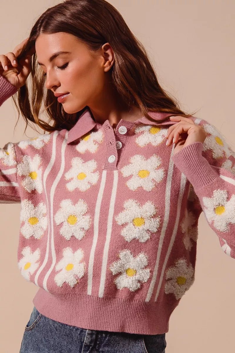 Woodstock Floral Polo Sweater - Brick + Boho