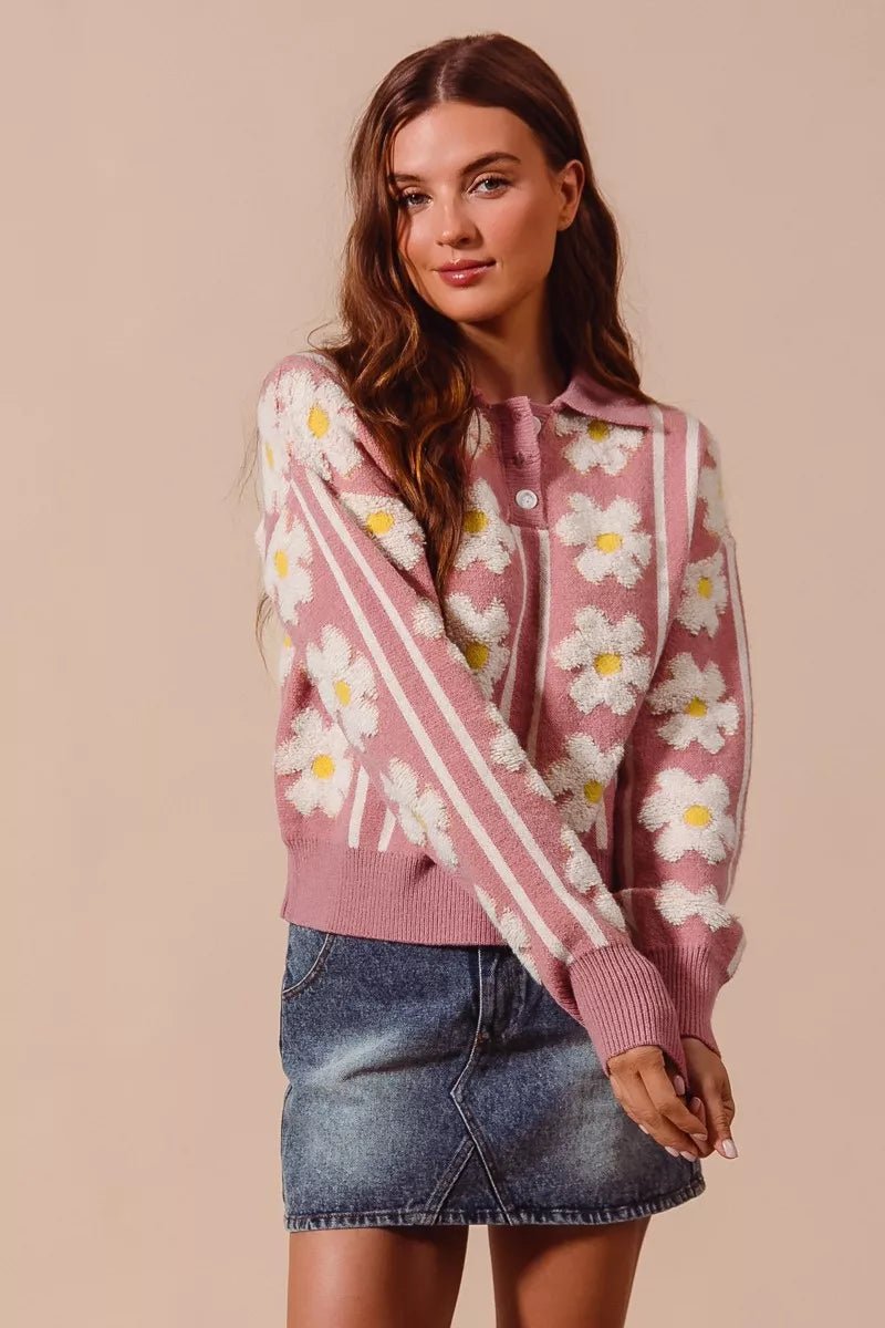 Woodstock Floral Polo Sweater - Brick + Boho