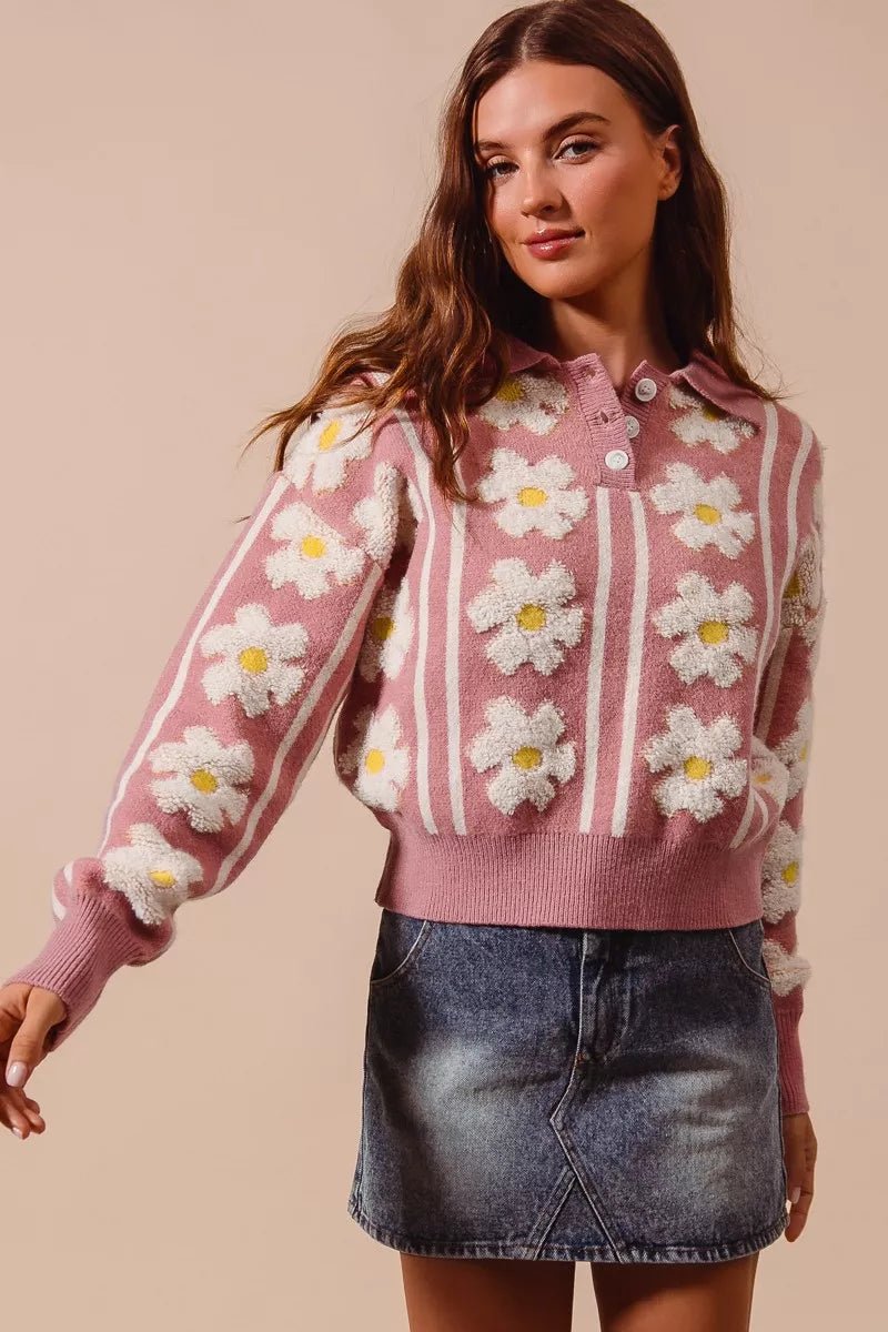 Woodstock Floral Polo Sweater - Brick + Boho
