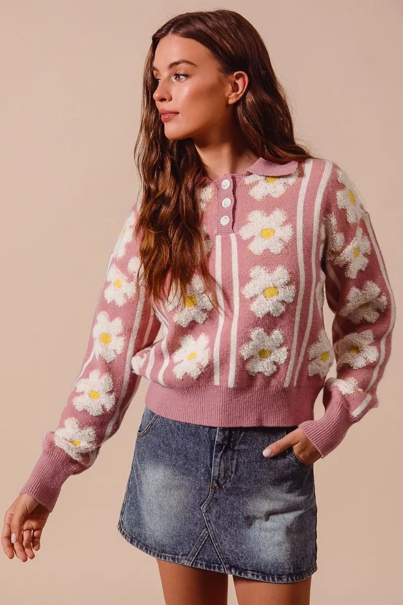 Woodstock Floral Polo Sweater - Brick + Boho