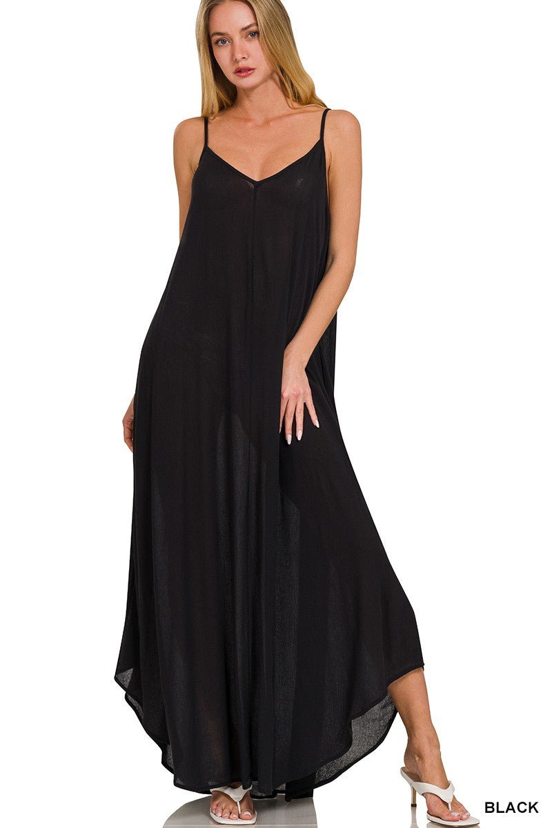 Zenana Woven Crinkle Cami Maxi Dress with Side Pockets - Brick + Boho