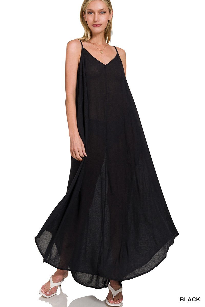 Zenana Woven Crinkle Cami Maxi Dress with Side Pockets - Brick + Boho