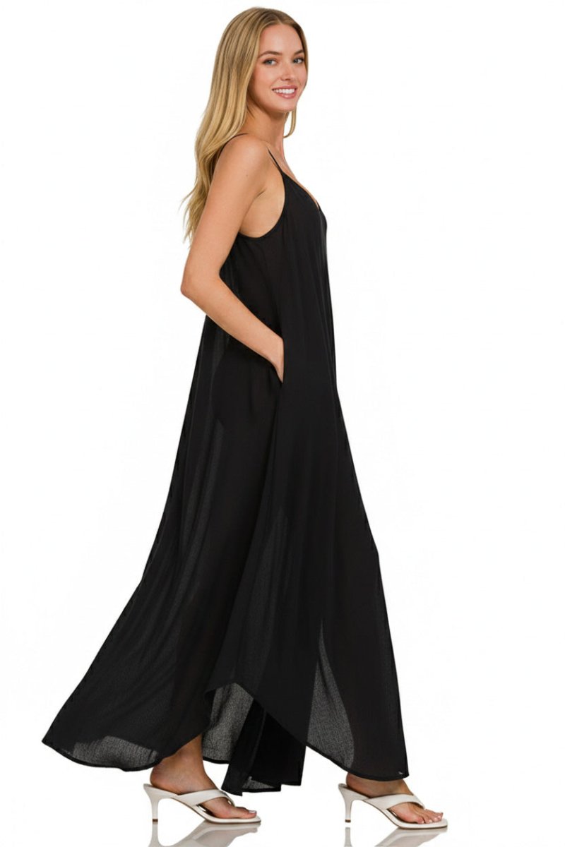 Zenana Woven Crinkle Cami Maxi Dress with Side Pockets - Brick + Boho